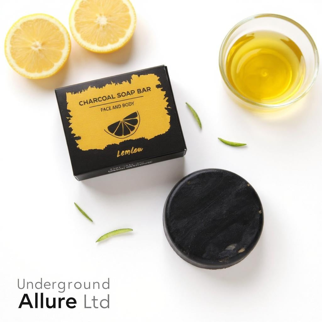 Charcoal soap bar with packaging, lemons, and a glass of liquid on a white background