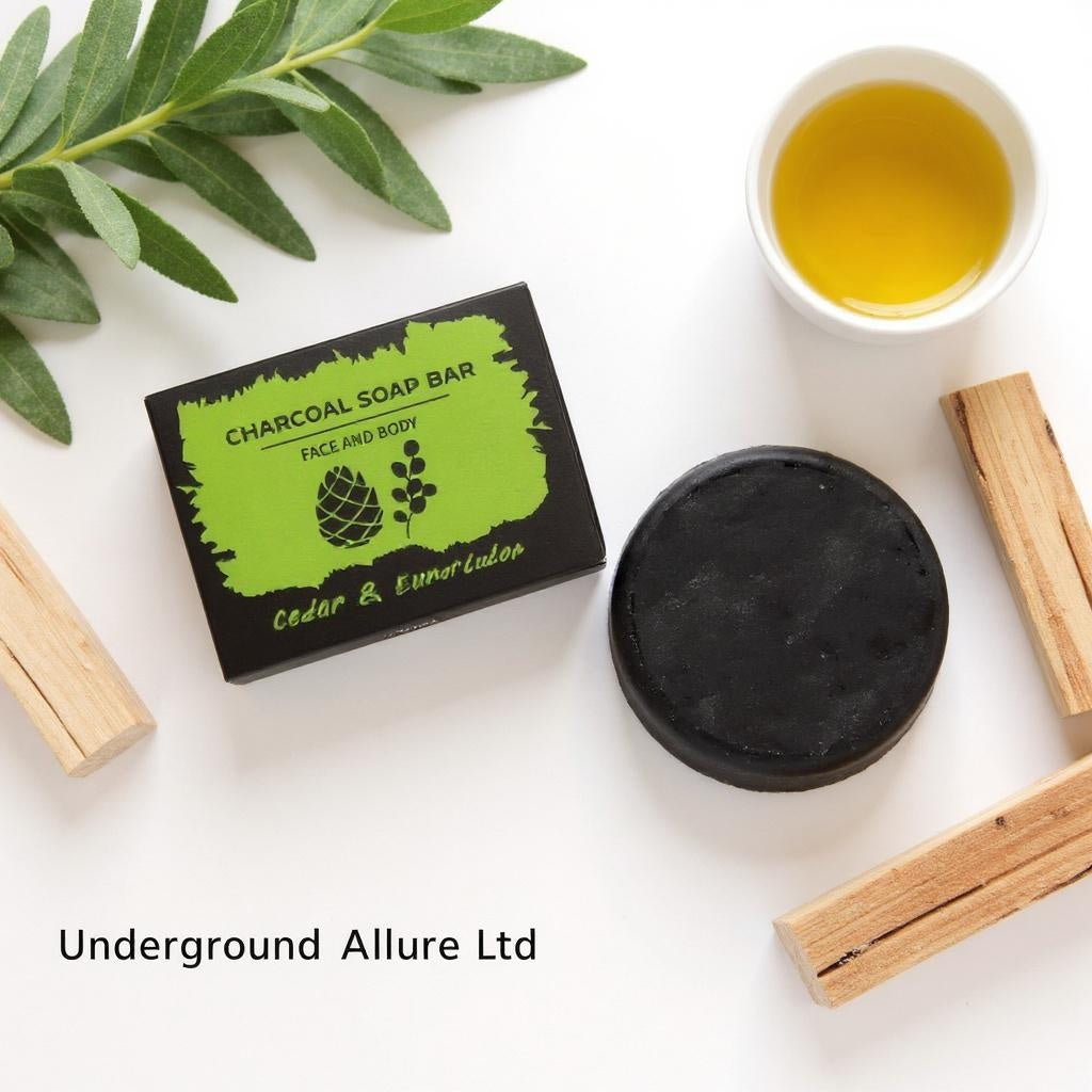 Charcoal soap bar with packaging, wooden sticks, and a small bowl of liquid on a white background.