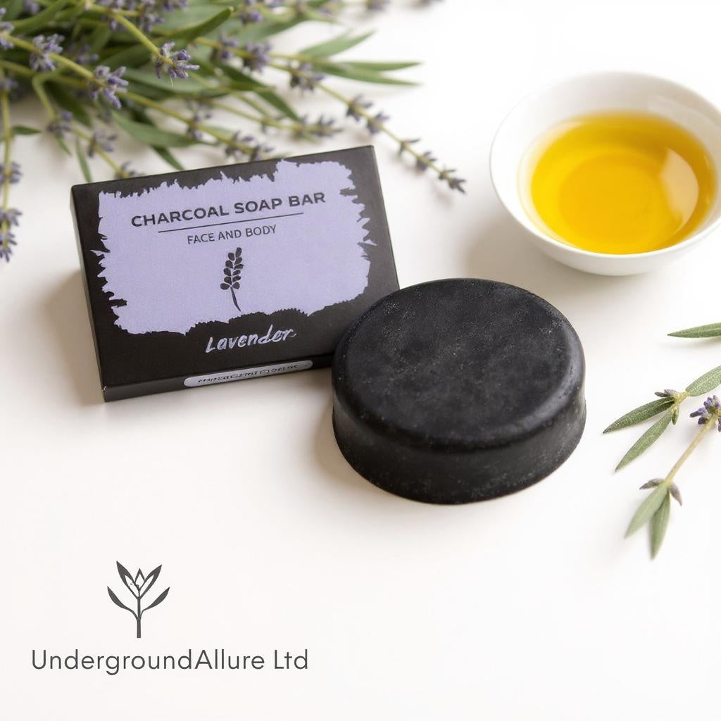 Charcoal soap bar with packaging and lavender flowers on a white background