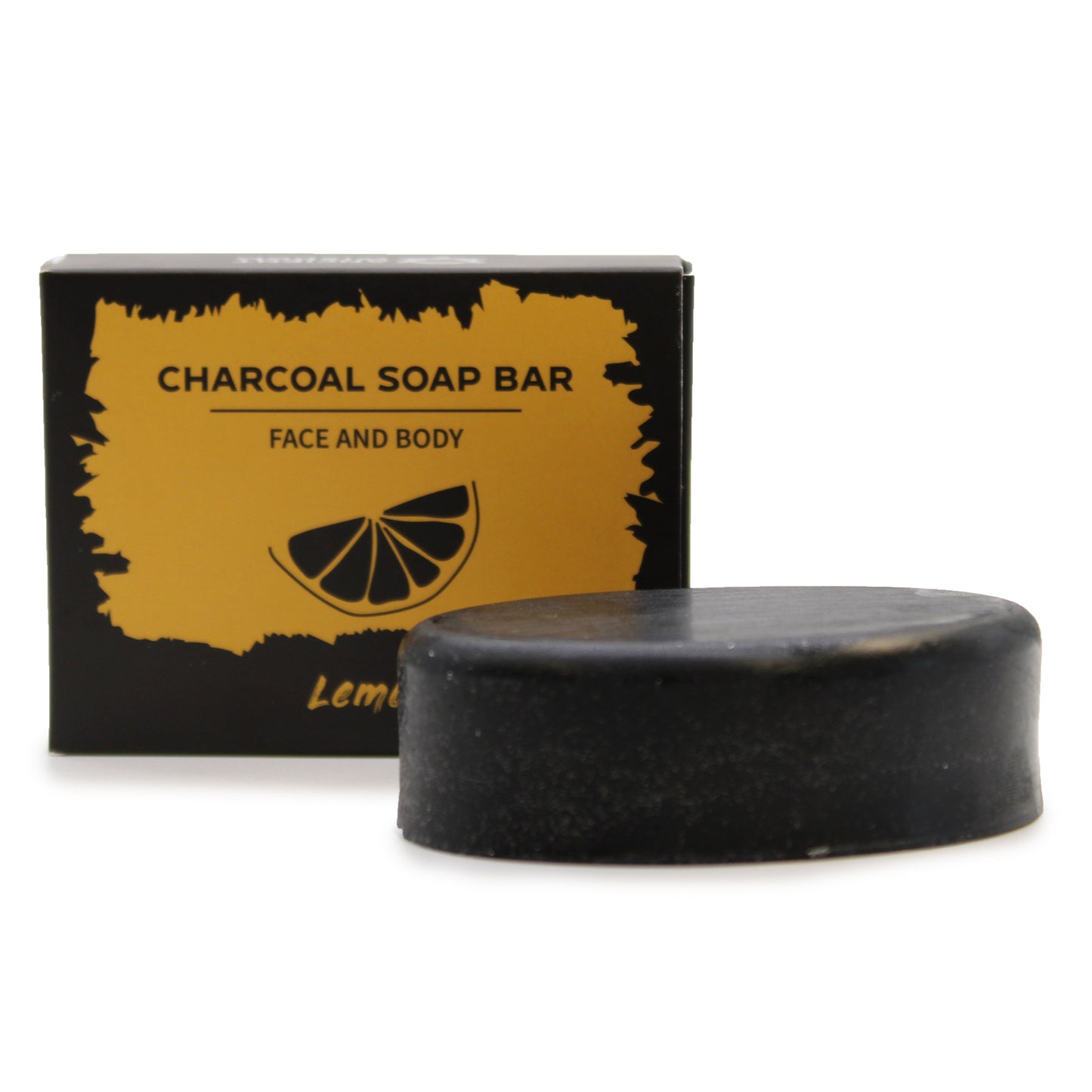 Charcoal soap bar with packaging on a white background