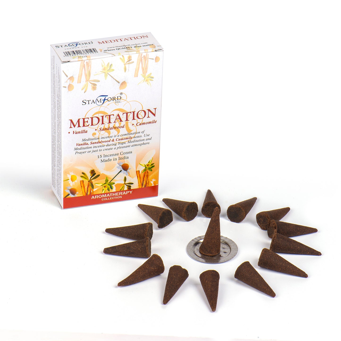 Stamford Meditation incense cones with packaging on a white background