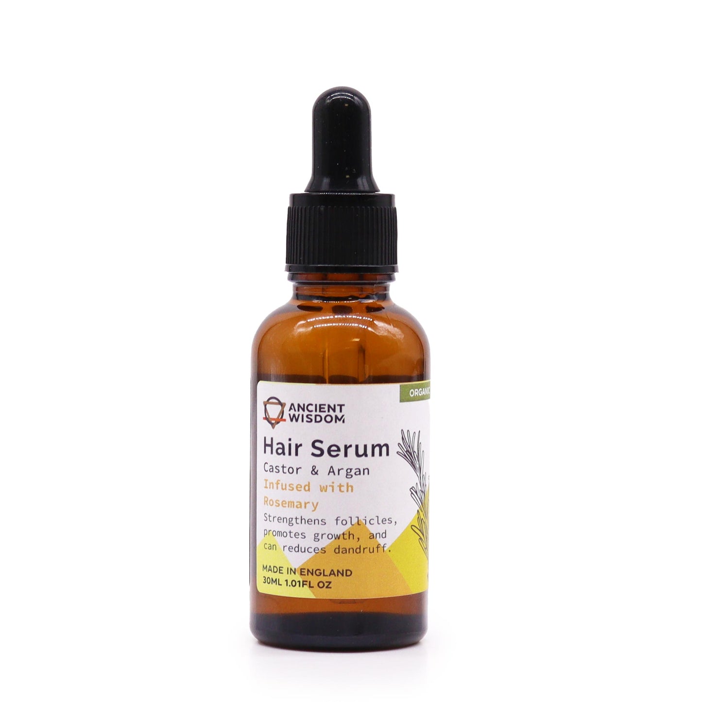 A bottle of Ancient Wisdom Organic Hair Serum with a label indicating 'Castor & Argan Oils' and 'Rosemary'. The bottle is amber-colored and has a dropper.