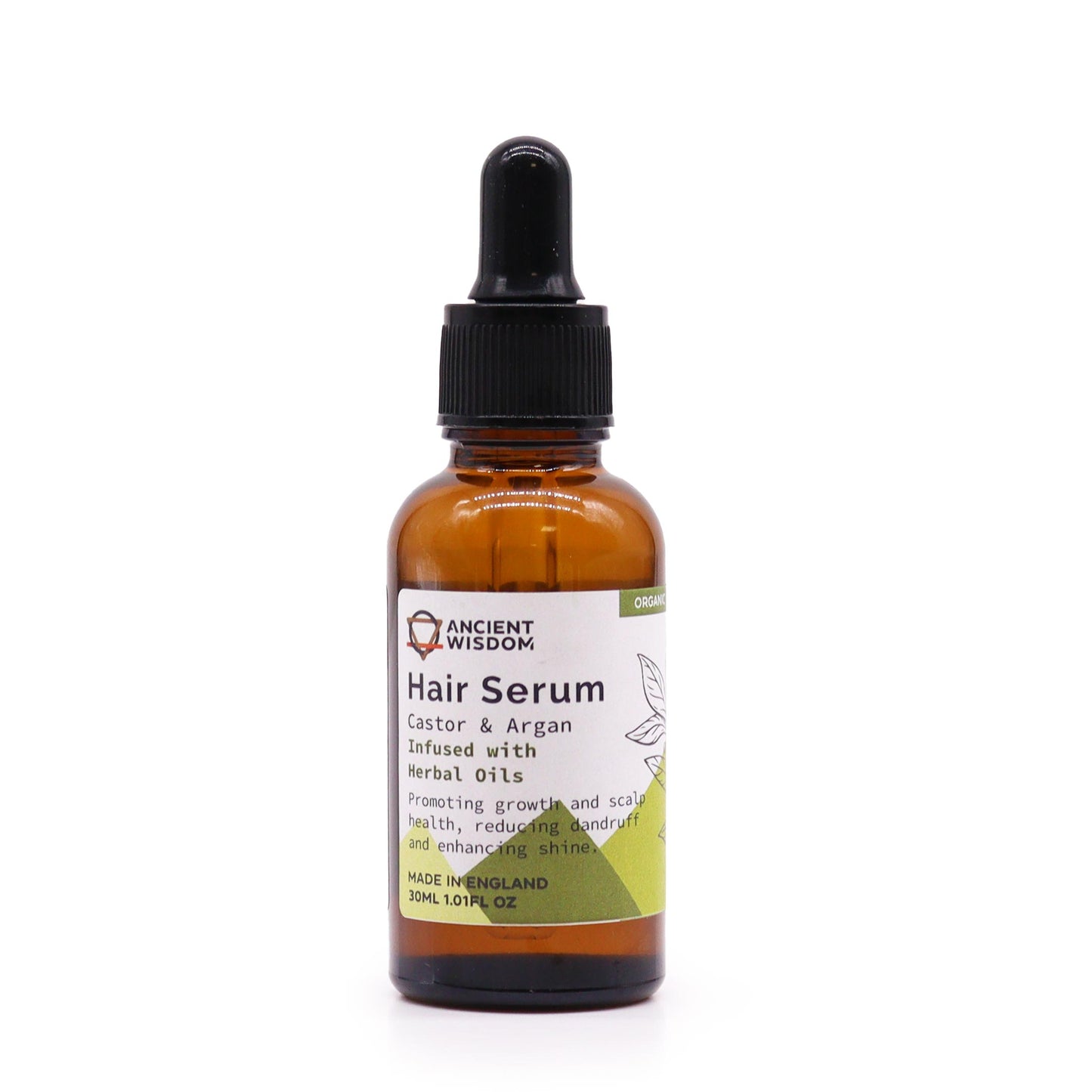 A bottle of Ancient Wisdom Organic Hair Serum with a label indicating 'Castor & Argan Oils' and 'Herbal oils'. The bottle is amber-colored and has a dropper.