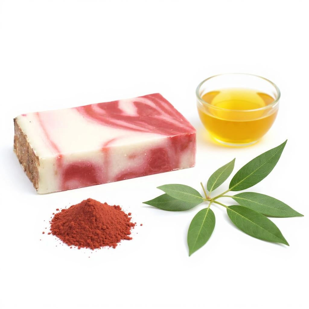 Marbled soap bar with a glass of liquid, red powder, and green leaves on a white background
