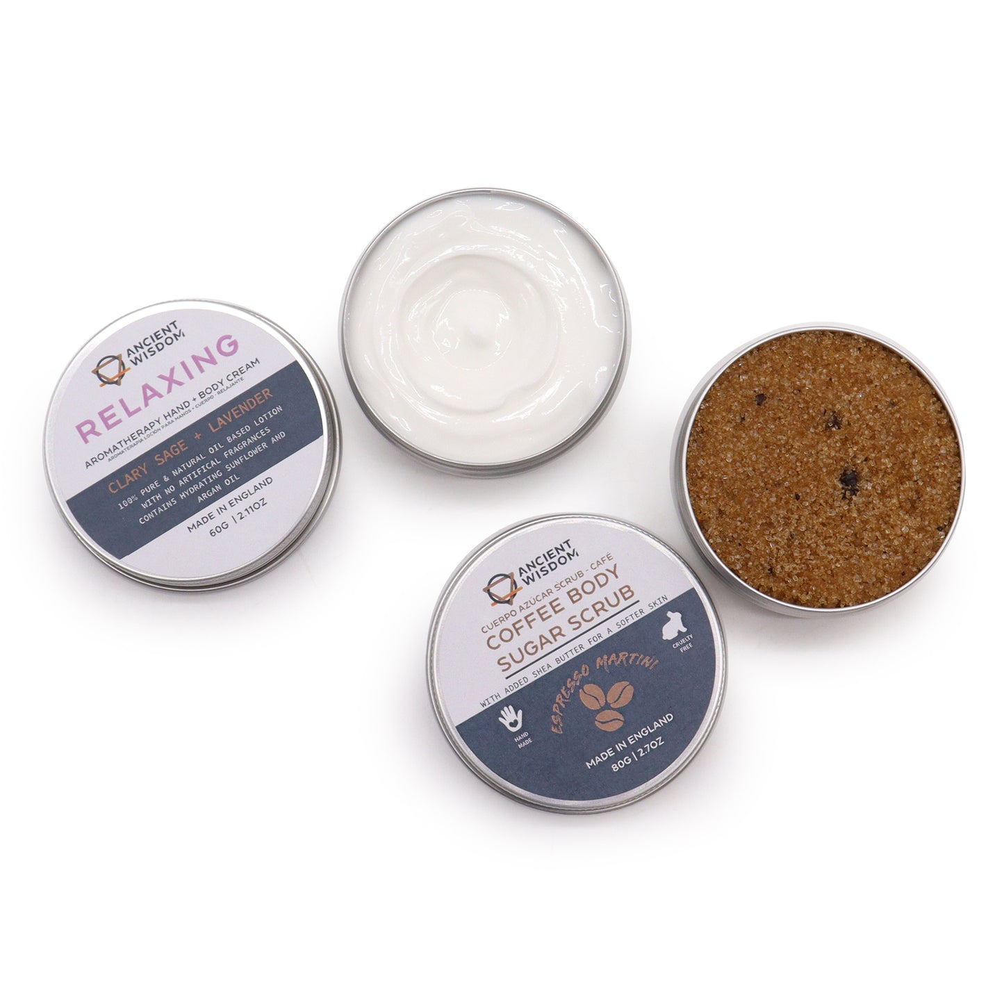 picture of OF 2 Tins containing Clary Sage & Lavender andCoffee body sugar rub