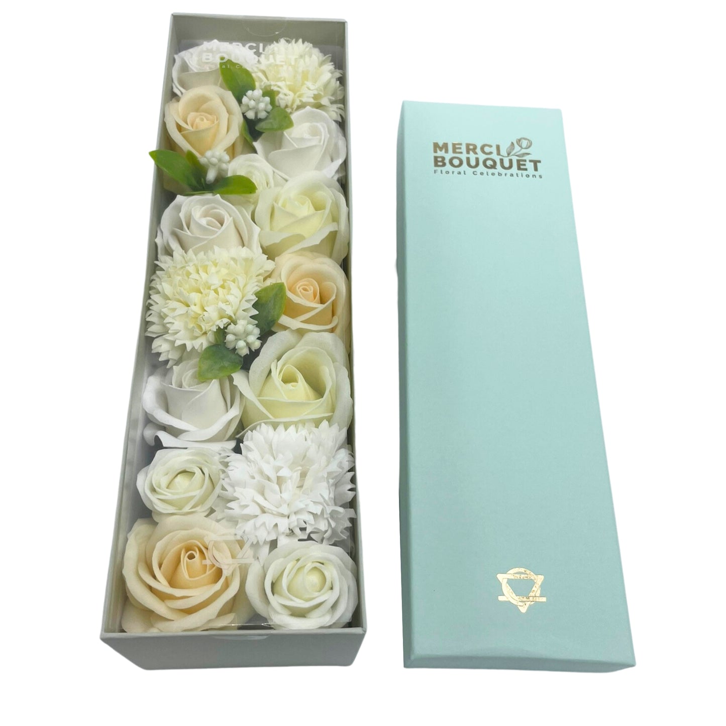 Close-up of Wedding Blessings white and ivory soap flower bouquet, artisan-crafted luxury gift