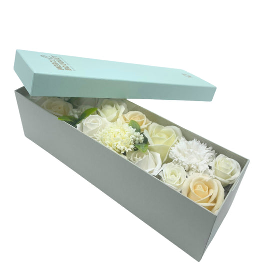 Handmade white and ivory soap flowers in long wedding gift box, eco-friendly UK delivery