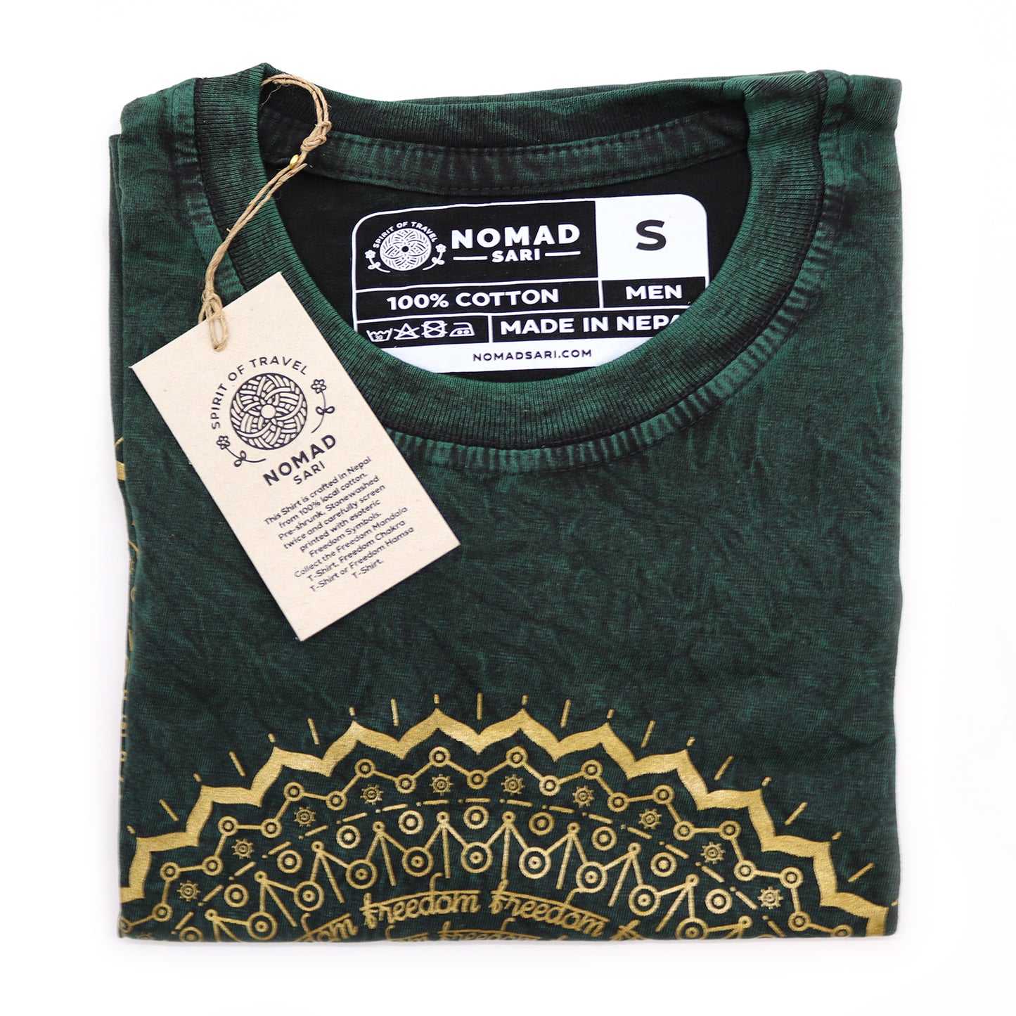 Green t-shirt with gold embroidery and 'Nomad Sari' label on a white background