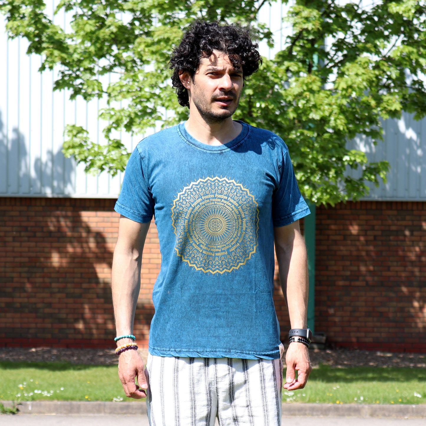 Man wearing a blue t-shirt with a gold mandala design outdoors.