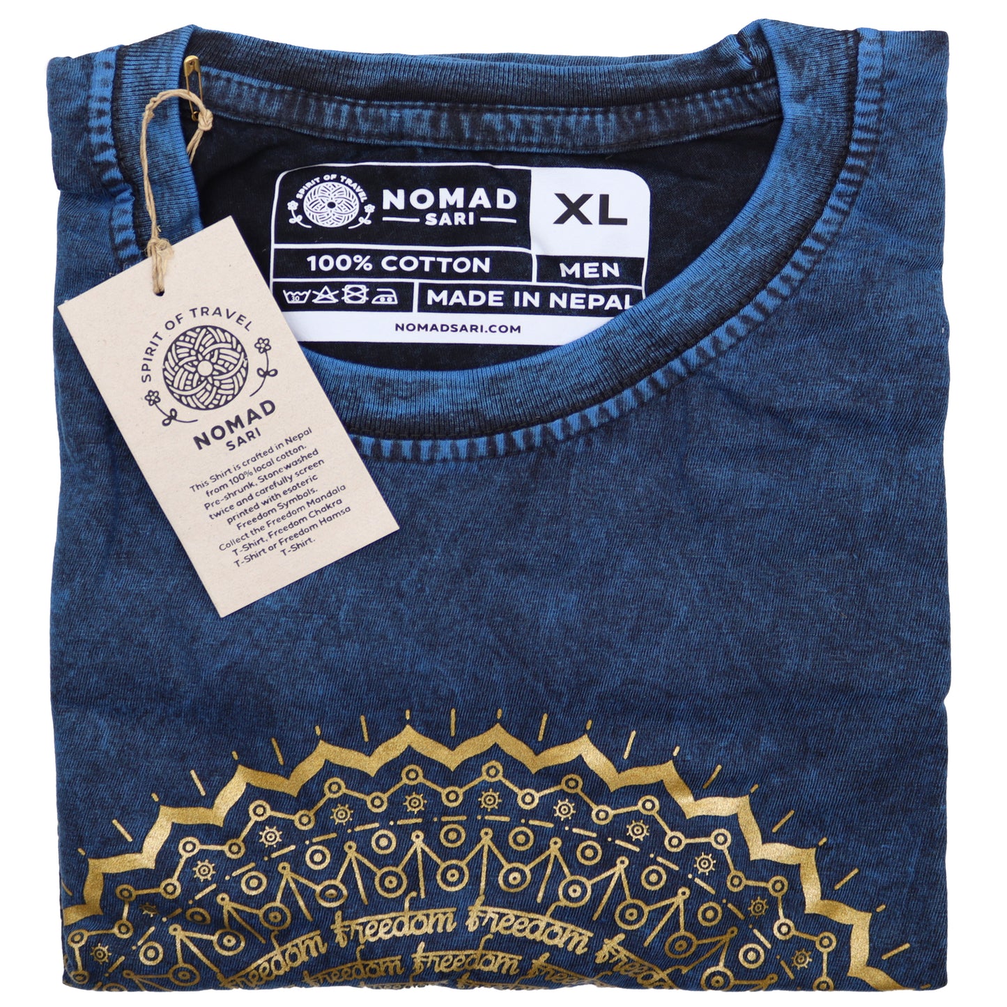Folded blue t-shirt with gold embroidery and a visible tag on a white background