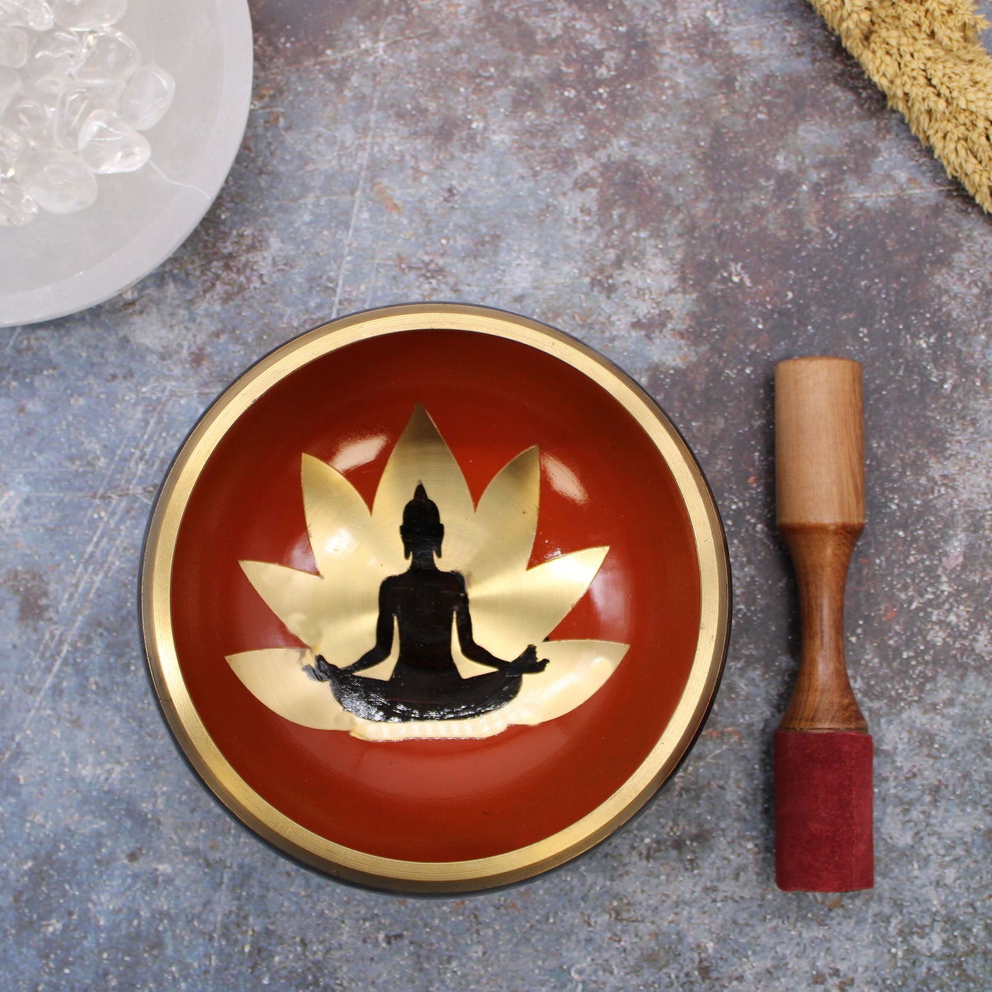 over head shot of Lrg Buddha Singing Bowl Set- Black/Orange 14cm