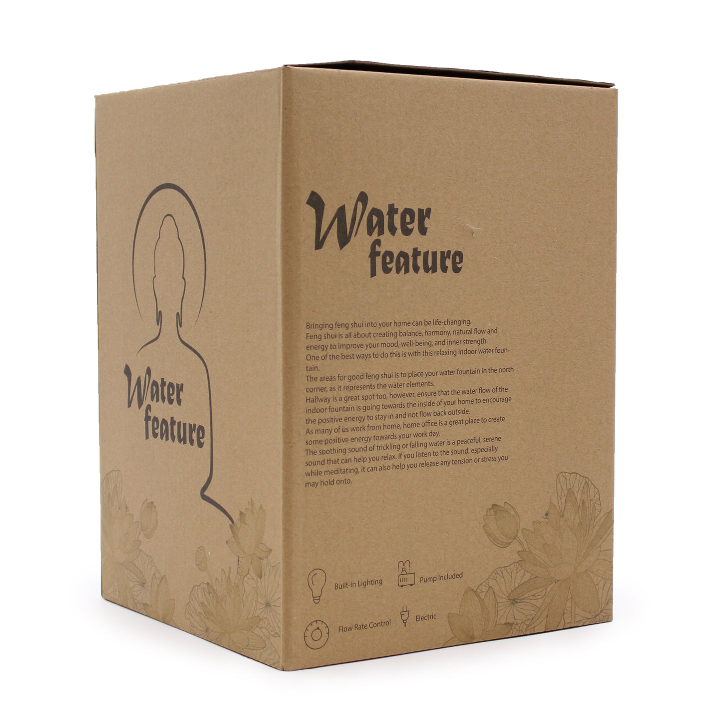 Cardboard box packaging for a water feature with text and illustrations on a white background