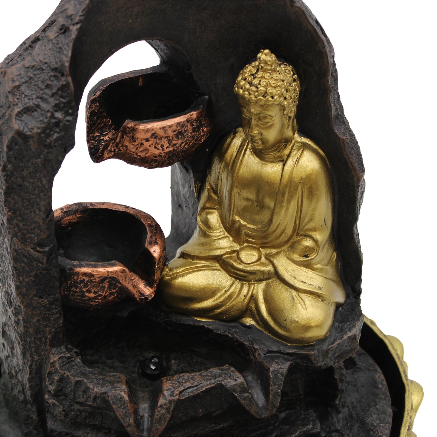 Close-up viewTabletop Water Feature - 30cm - Golden Meditating Buddhain side a rocky cave-like structure