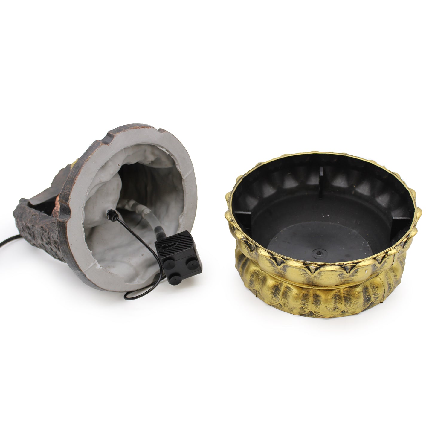 Tabletop Water Feature - 30cm - Golden Meditating Buddha base and black bowl on a white background
