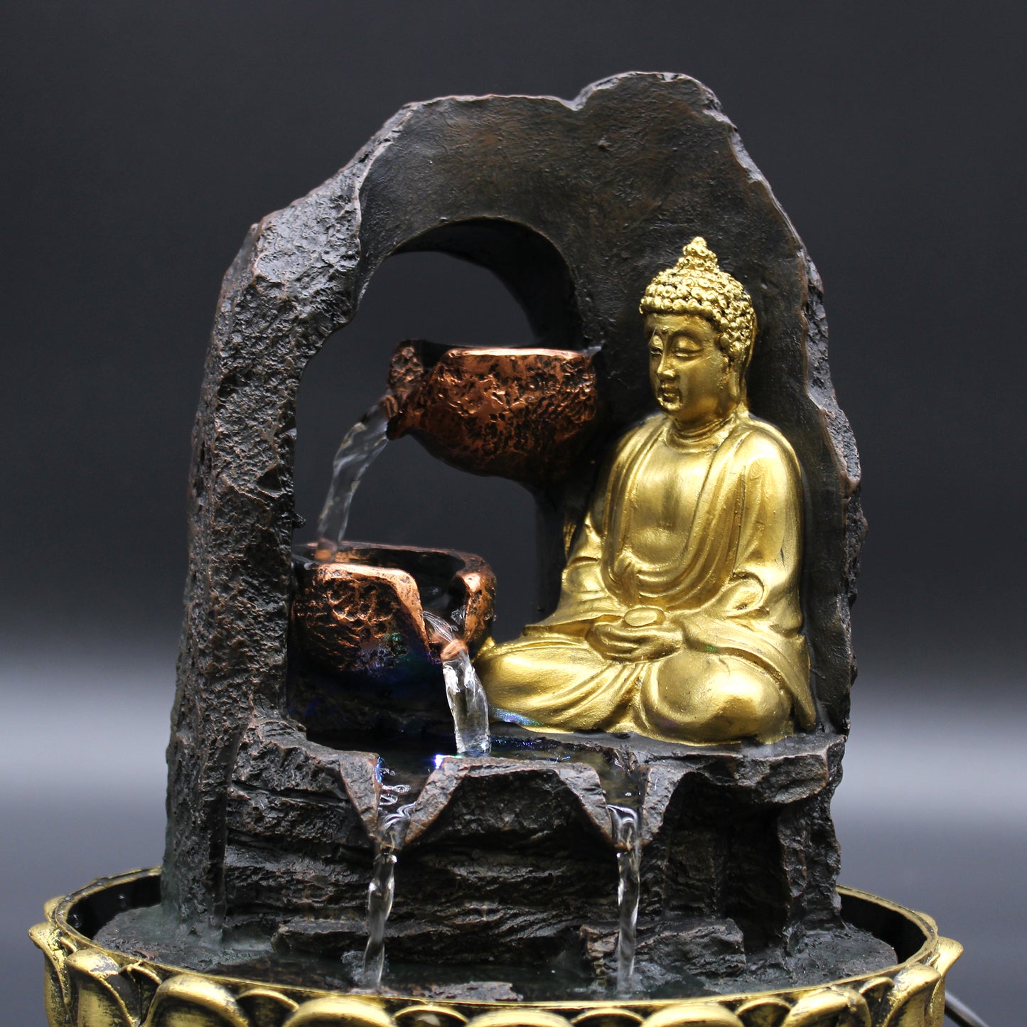 Tabletop Water Feature - 30cm - Golden Meditating Buddha and rocky arch