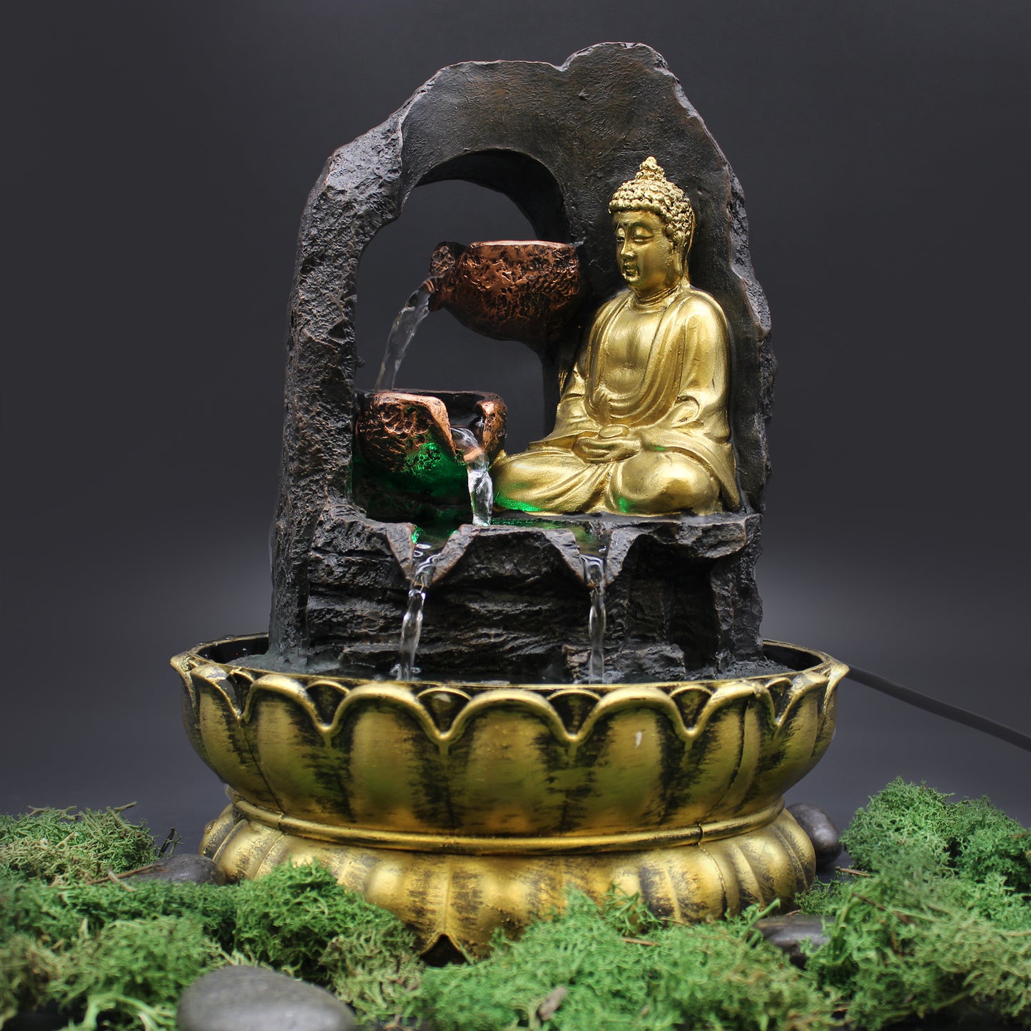 Tabletop Water Feature - 30cm - Golden Meditating Buddha Feng Shui water fountain with a golden Buddha statue on a dark background