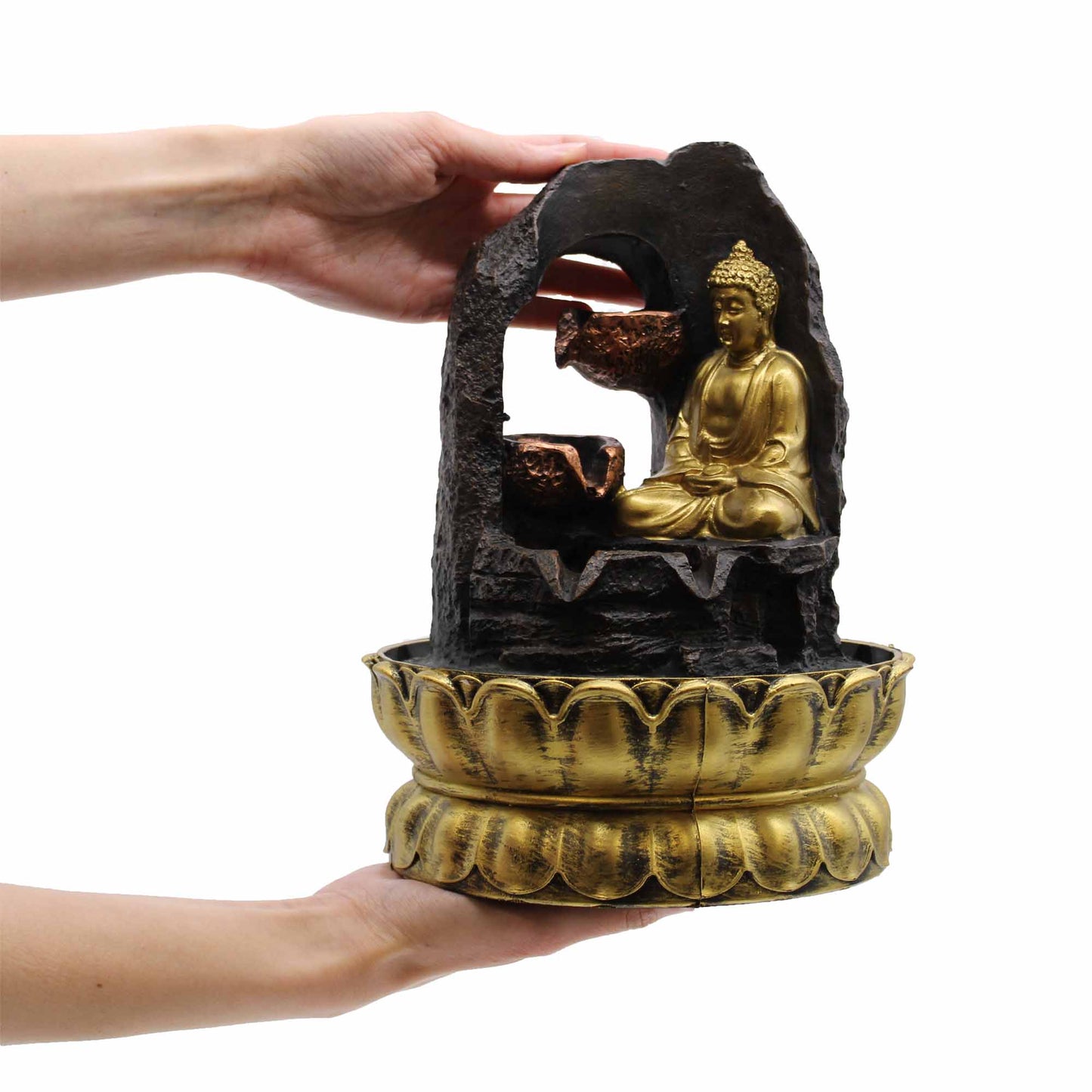 Tabletop Water Feature - 30cm - Golden Meditating Buddha on a white background