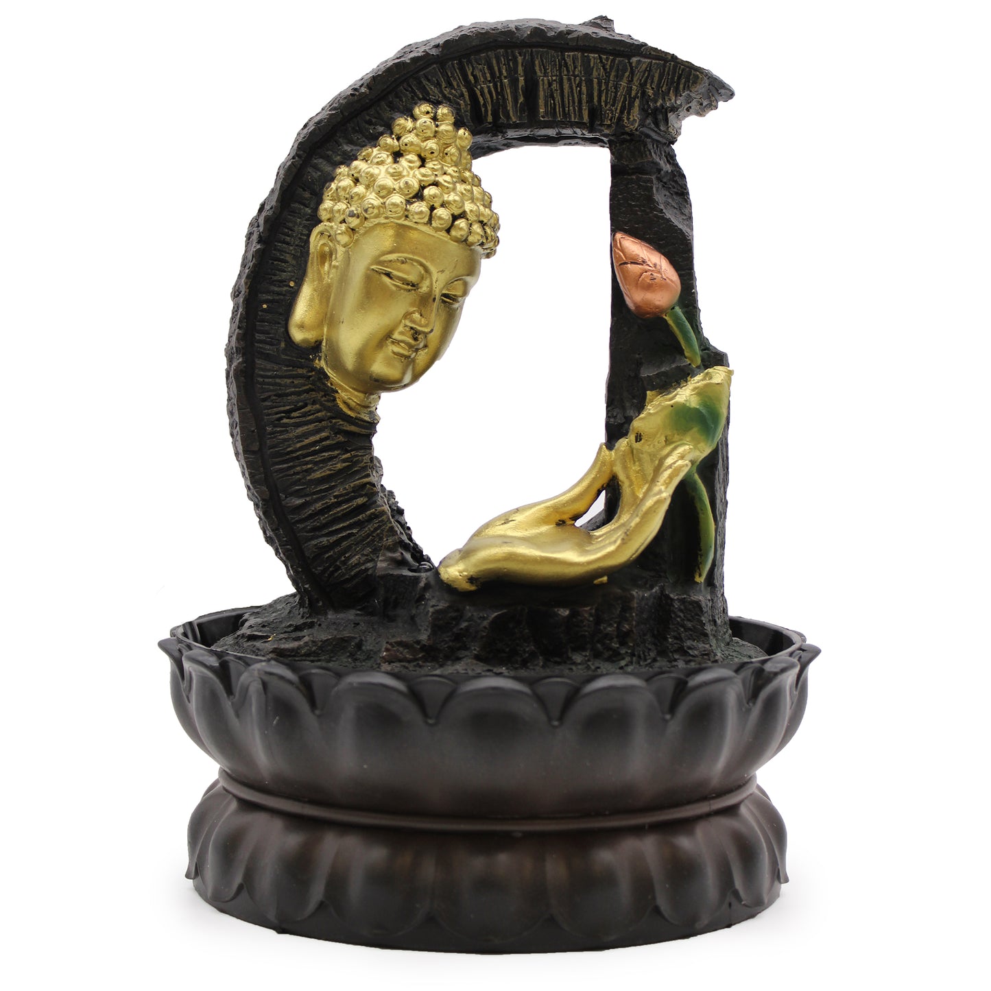Decorative statue of a Buddha head with a lotus flower on a white background