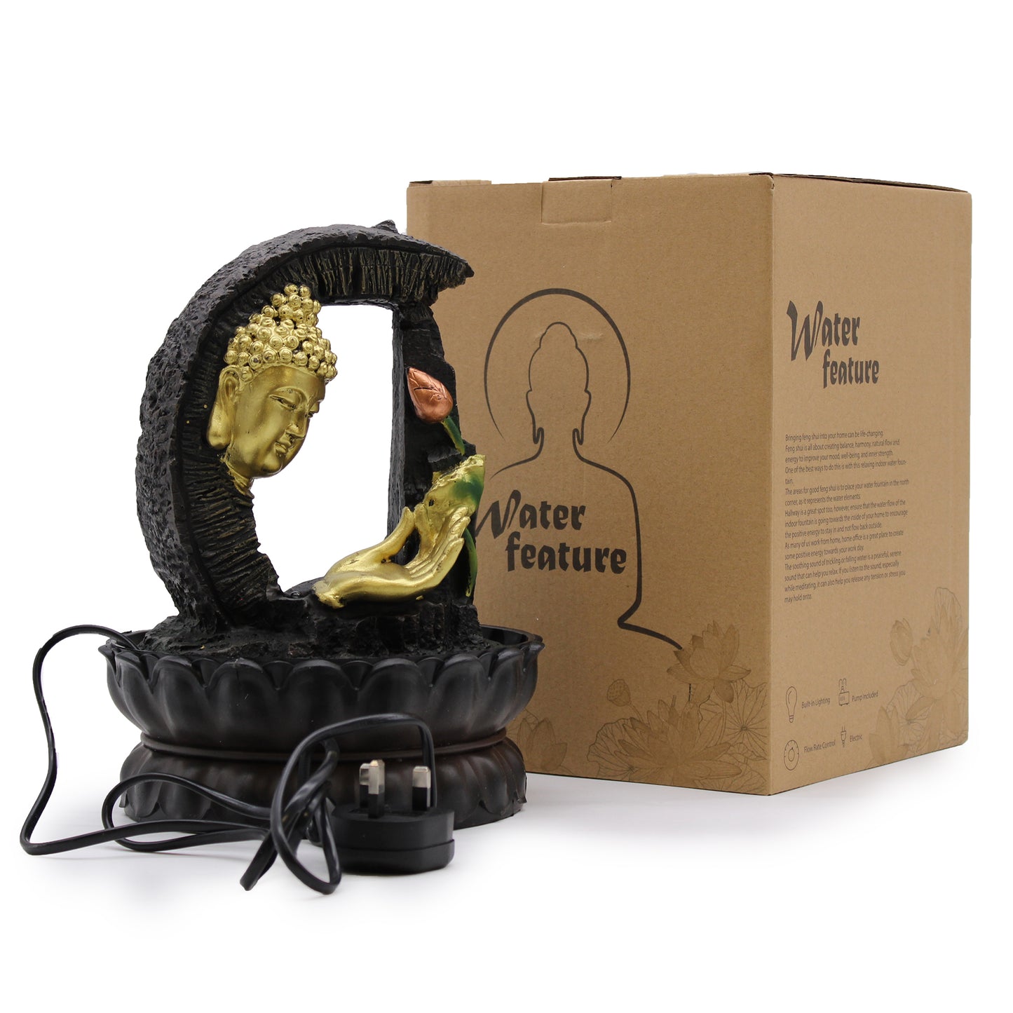 Decorative water feature with Buddha design next to a cardboard box labeled 'Water Feature'.