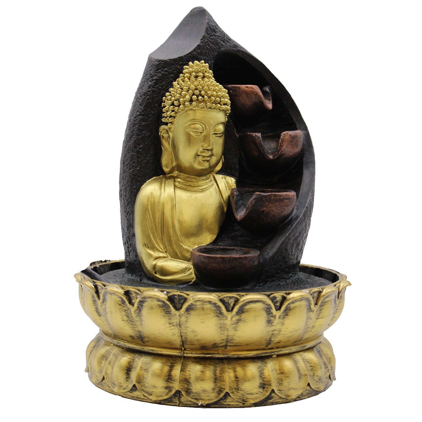 Tabletop Water Feature - 30cm - Golden Meditating Buddha on a white background