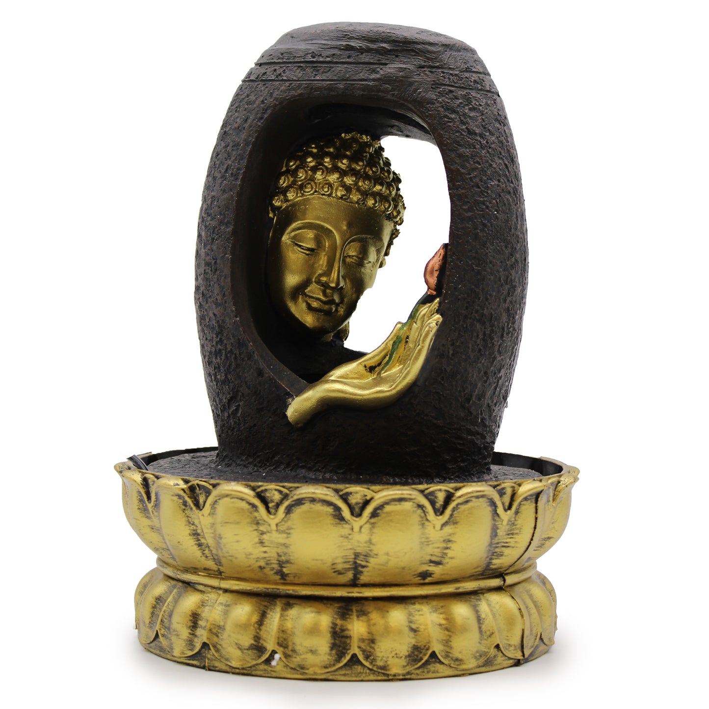 Tabletop Water Feature - 30cm - Golden Buddha & Vitarka Mudra design on a white background