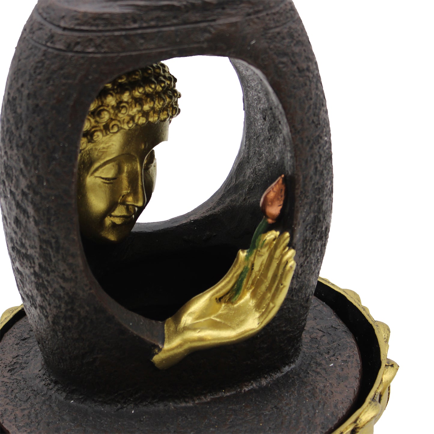 Tabletop Water Feature - 30cm - Golden Buddha & Lotus and hand design on a white background