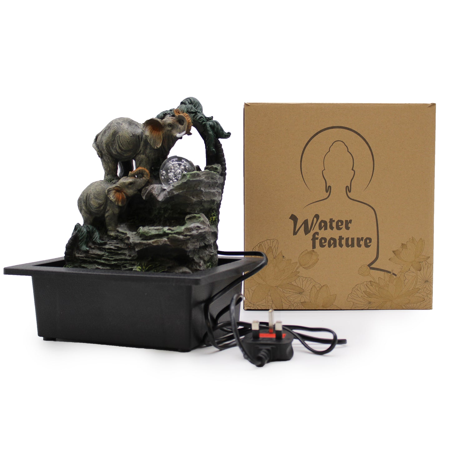 Tabletop Water Feature - 30cm - Elephant Family and packaging labeled 'Water feature' on a white background