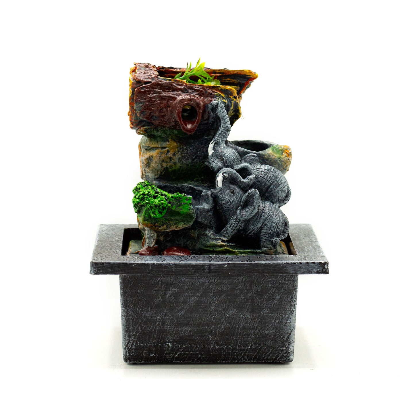 Tabletop Water Feature - 30cm - Elephant Family with plants on a white background