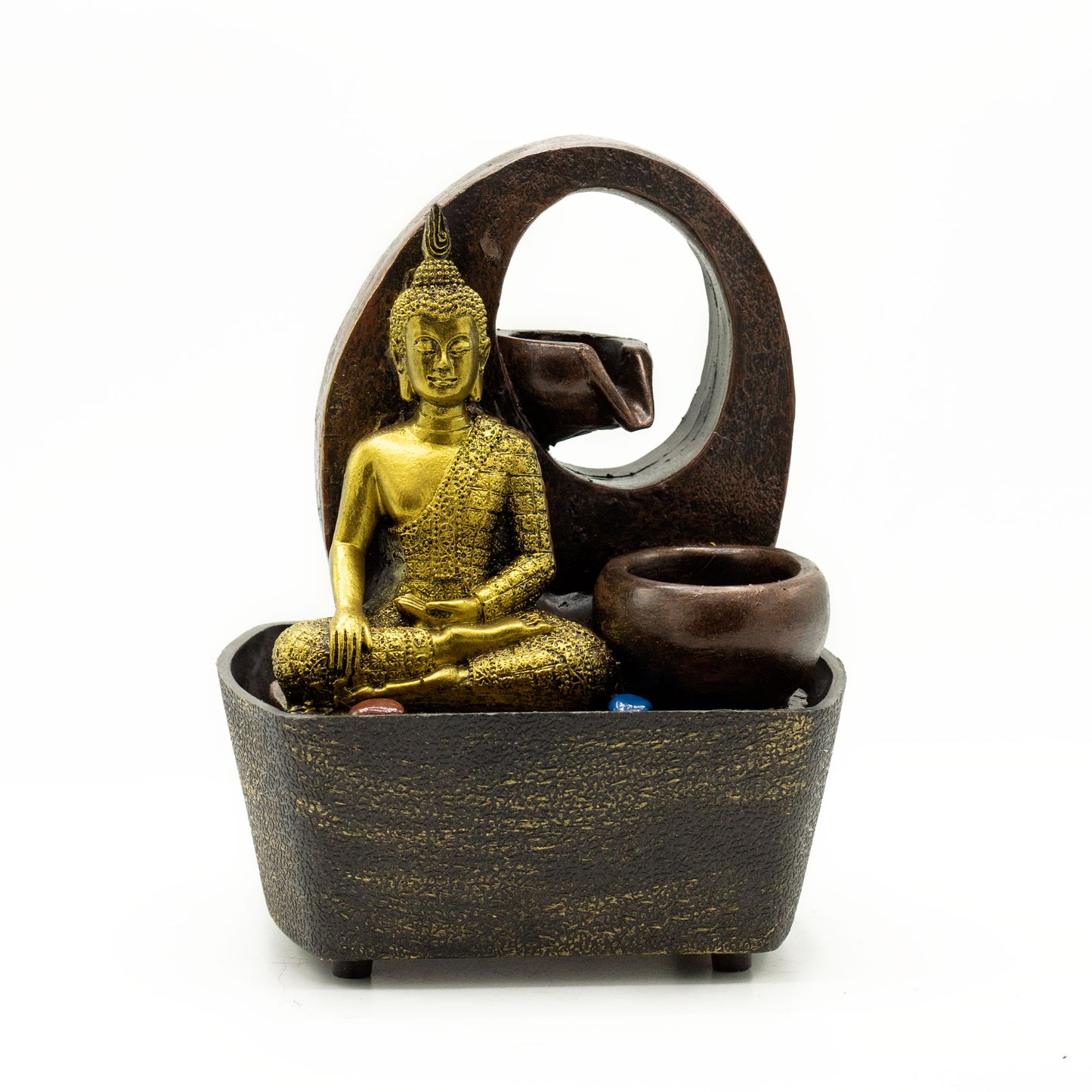 Tabletop Water Feature - 21.5cm - Golden Buddha & Pots on a white background