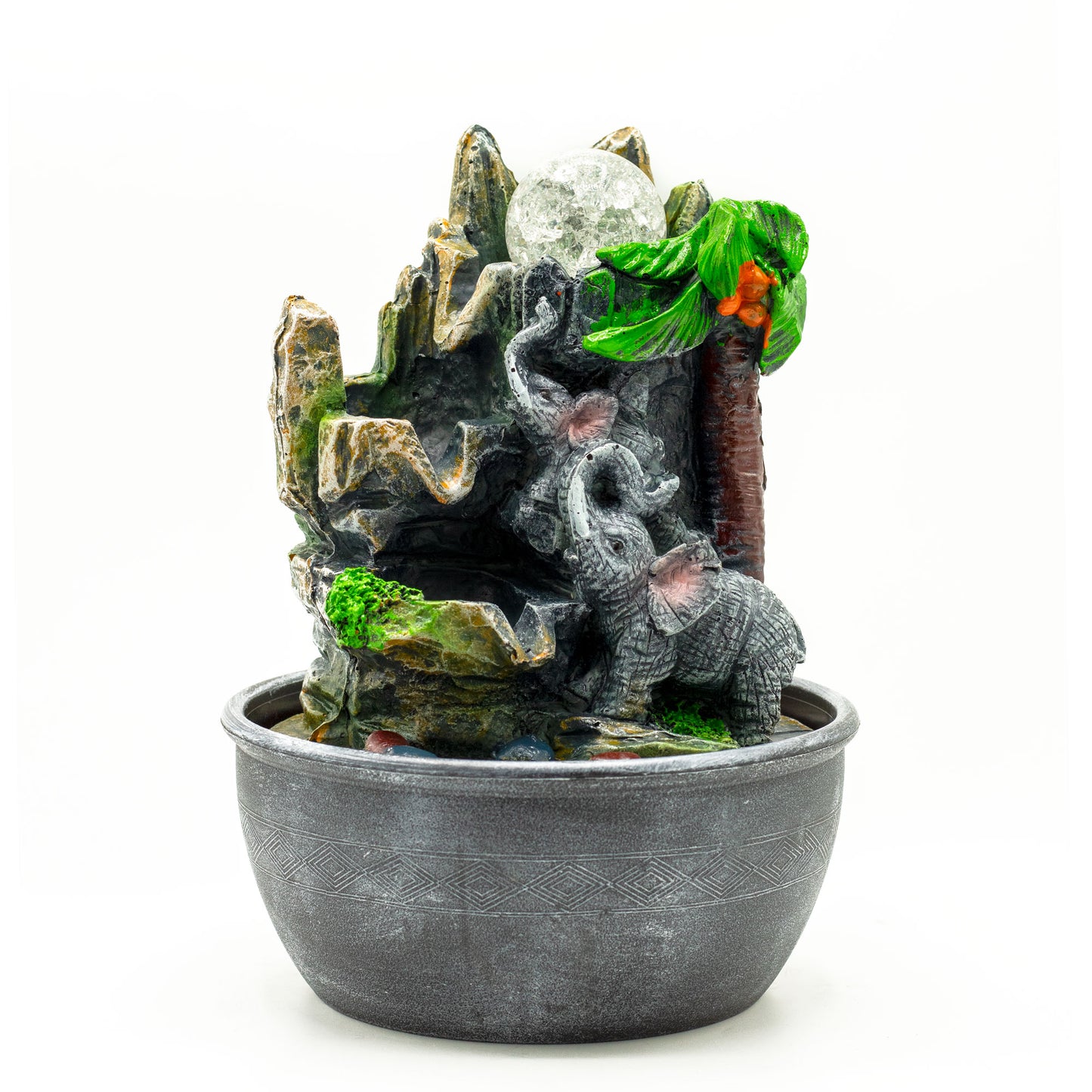 Tabletop Water Feature - 25cm - Elephants & Palm Tree on a white background