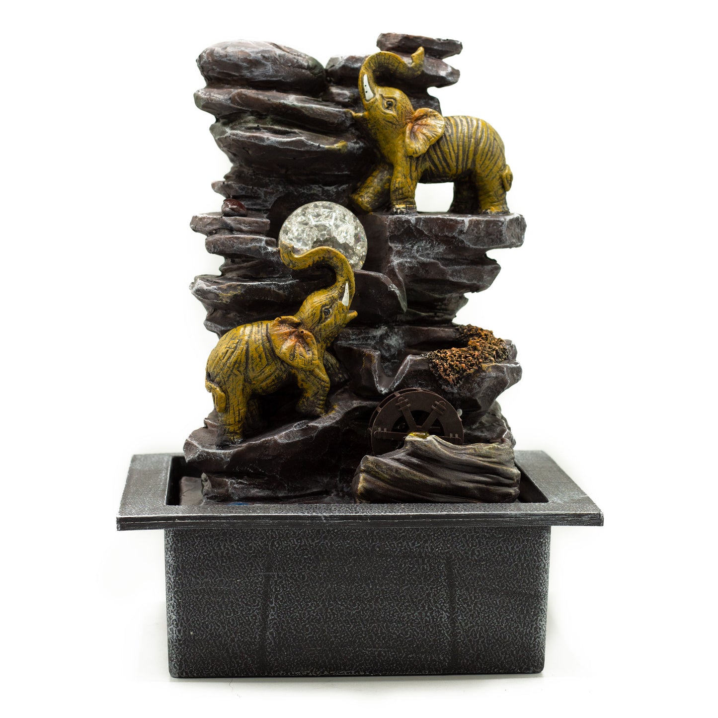 Tabletop Water Feature - 35cm - Elephants, Crystal Ball & Water Wheel on a white background
