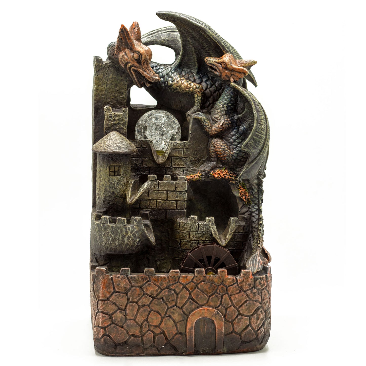 Tabletop Water Feature - 35cm - Dragons, Crystal Ball & Water Wheel on a white background