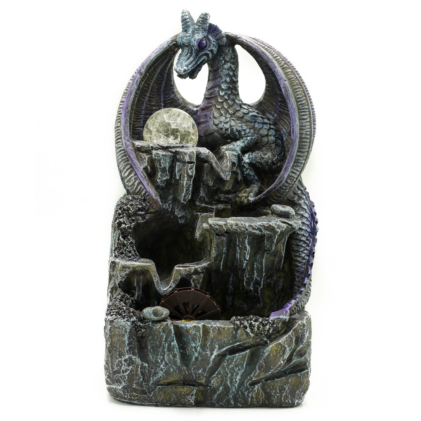 Tabletop Water Feature - 35cm - Purple Dragon, Crystal Ball & Water Wheel on a white background