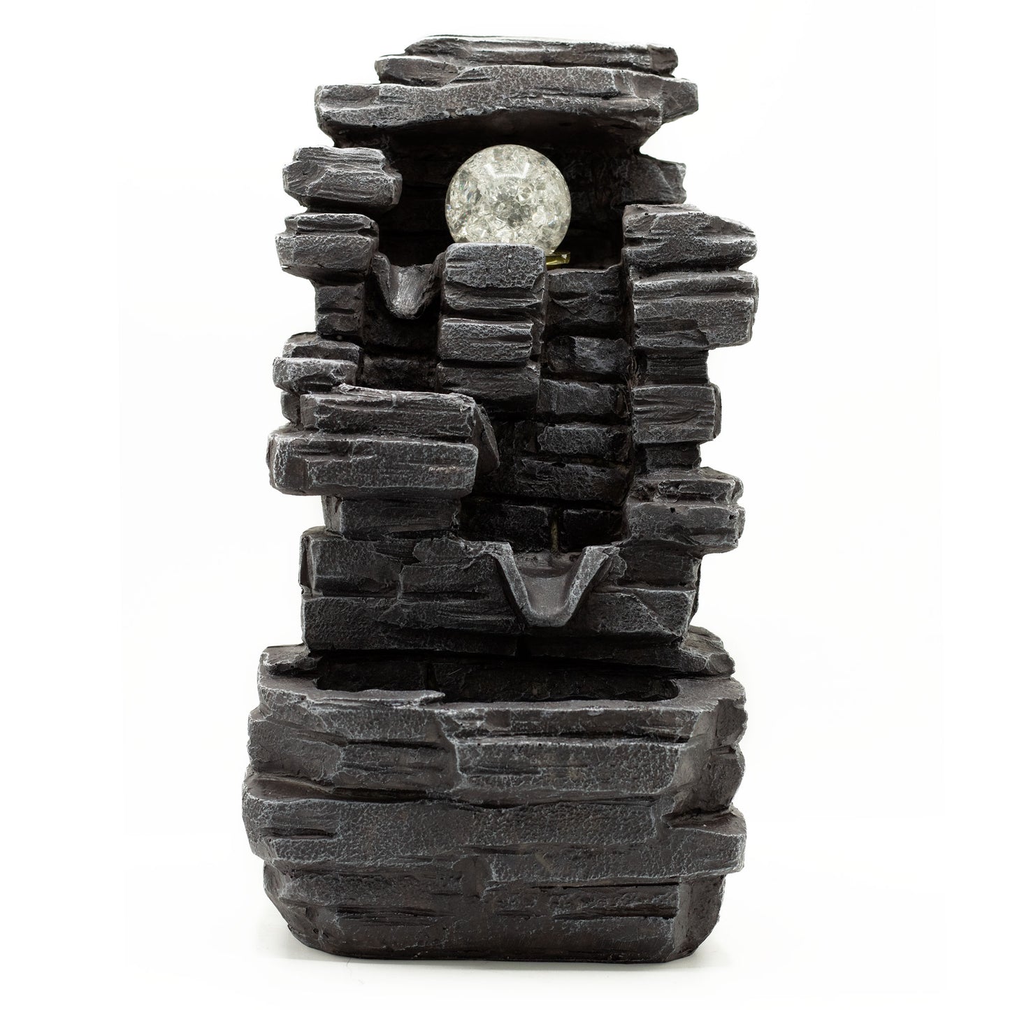 Tabletop Water Feature - 35cm - Slab Rocks Formation & Crystal Ball on a white background