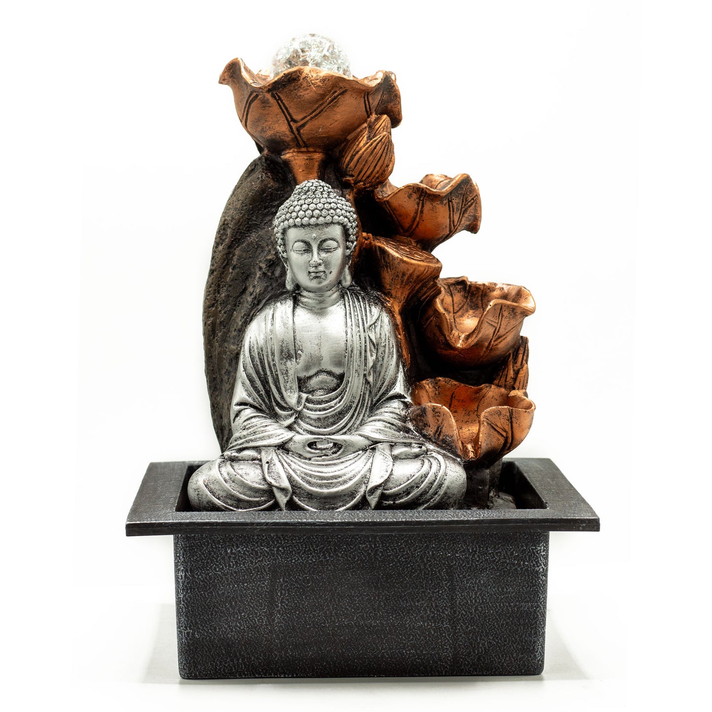Tabletop Water Feature - 35cm - Silver Buddha Cascade & Crystal Ball on a white background