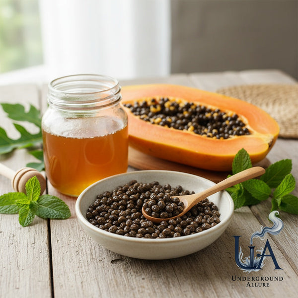 Wellness-inspired flat lay with papaya, papaya seeds, raw honey, and water—natural parasite flush remedy by Underground Allure.