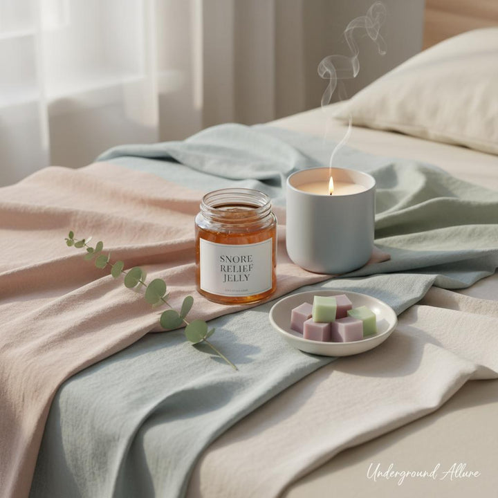Snore Relief Jelly, essential oils, and botanicals on a pastel background – Underground Allure wellness remedies.