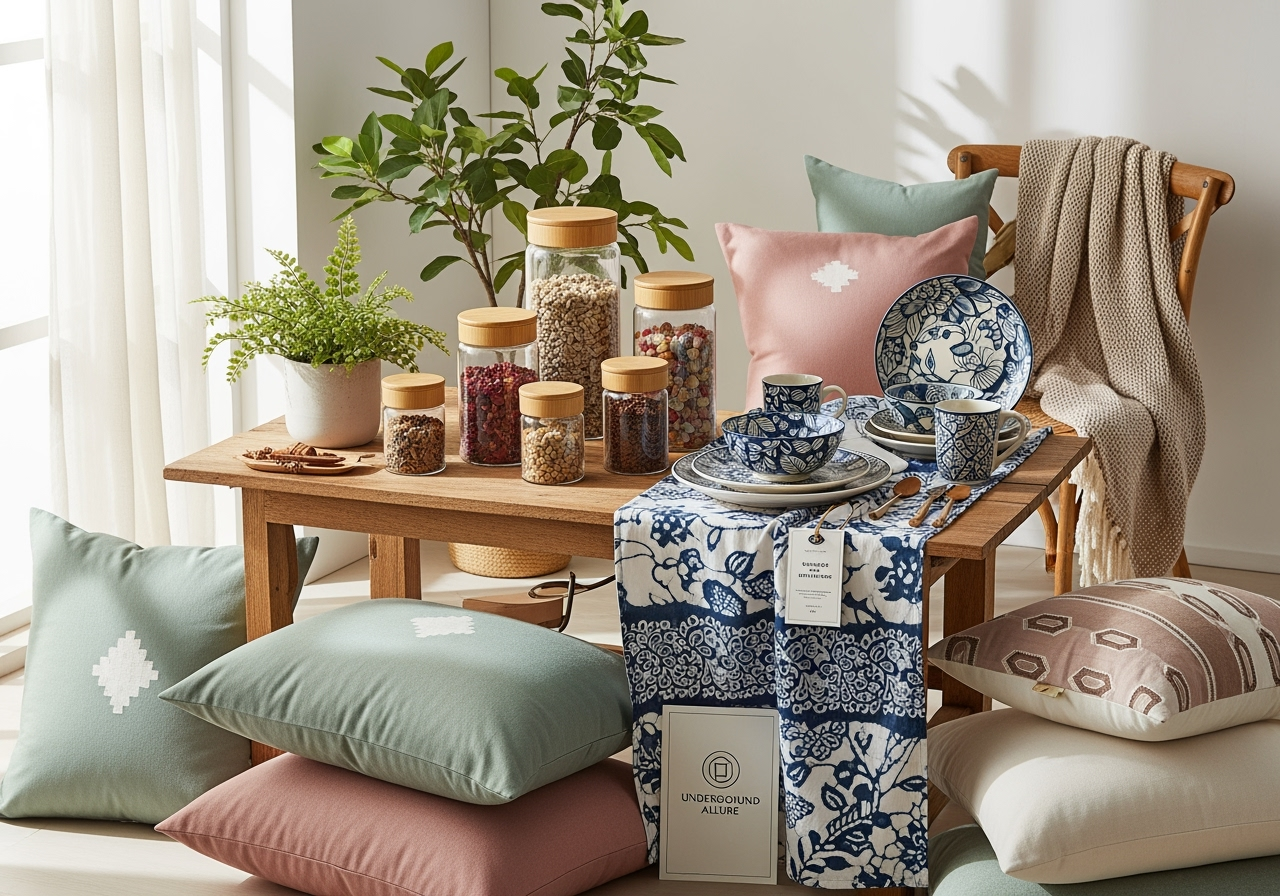 Eco-friendly Home & Garden collection with bamboo glass jars, Indian cotton cushions, and artisan batik tableware styled in a modern, minimalist setting – Underground Allure