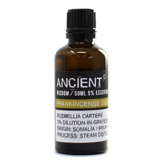 Bottle of Frankincense essential oil with a black cap on a white background