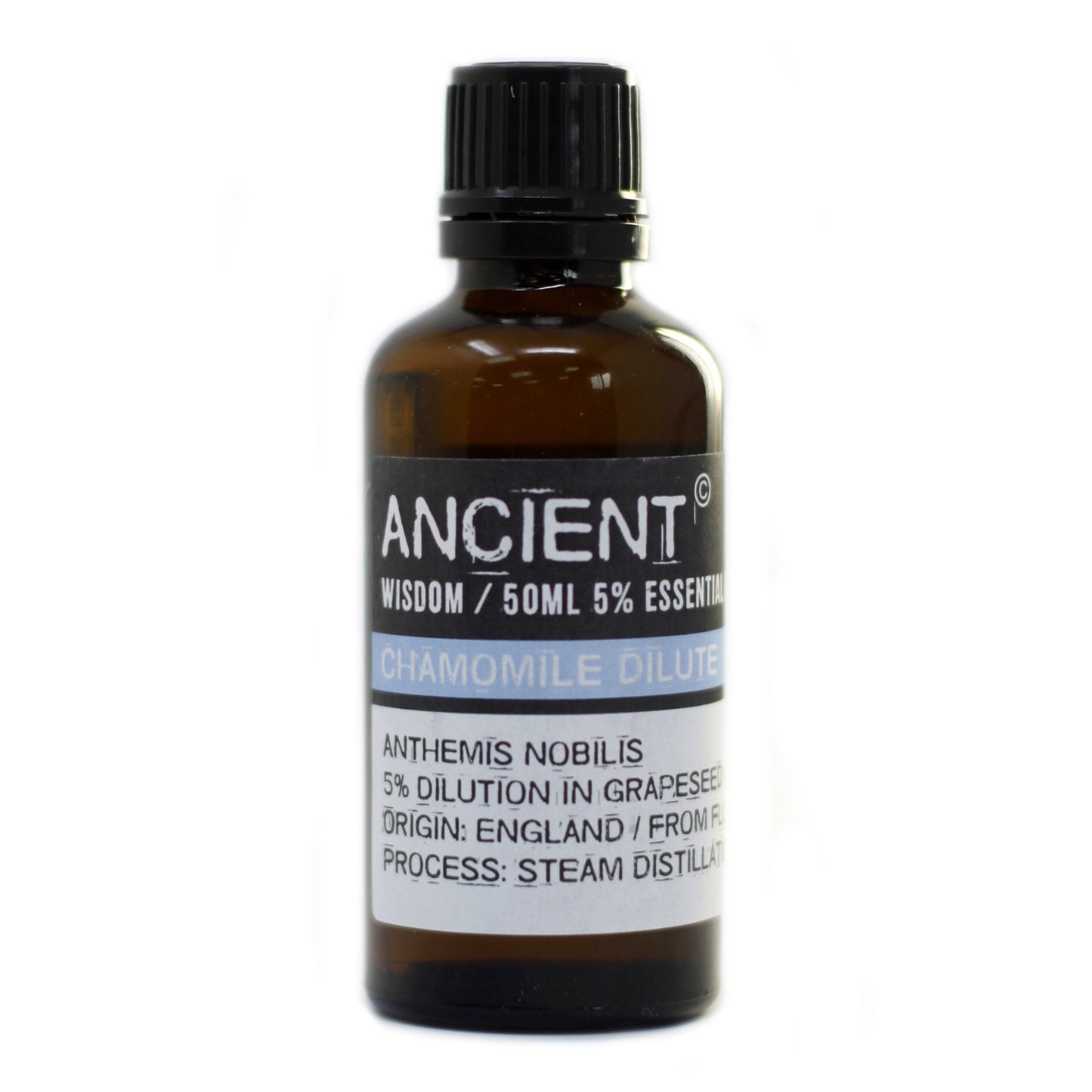 Bottle of Ancient Wisdom chamomile oil on a white background