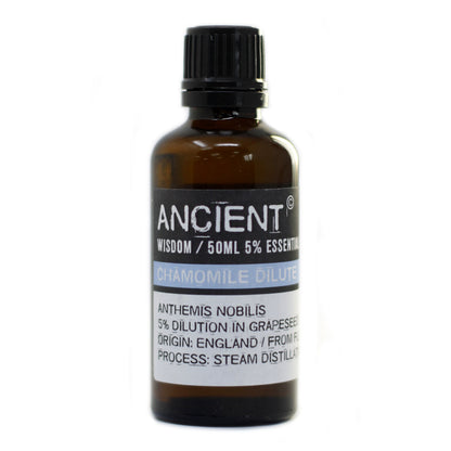 Bottle of Ancient Wisdom chamomile oil on a white background