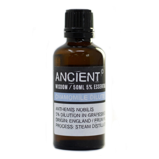 Bottle of Ancient Wisdom chamomile oil on a white background