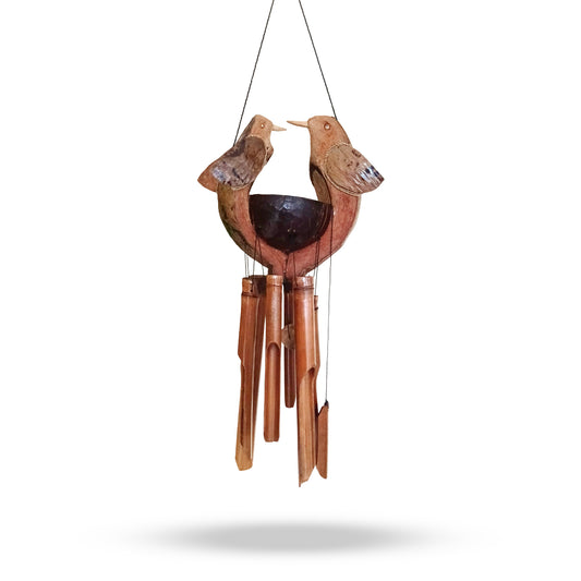Wooden wind chime with bird designs on a white background