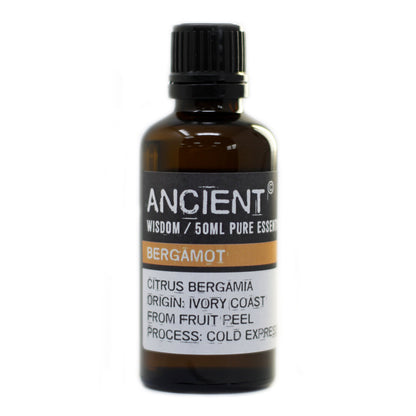 Bottle of Ancient Wisdom Bergamot essential oil on a white background