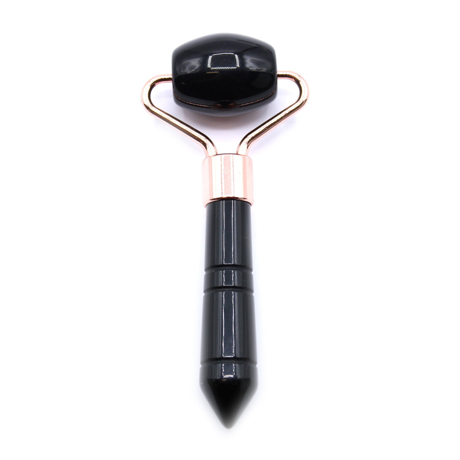 Black facial  Face roller with gold accents on a white background