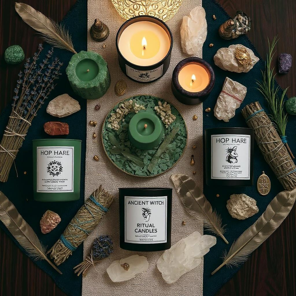 Candles, stones, and herbs arranged on a textured surface with 'Hop Hare' and 'Ancient Witch' branding.