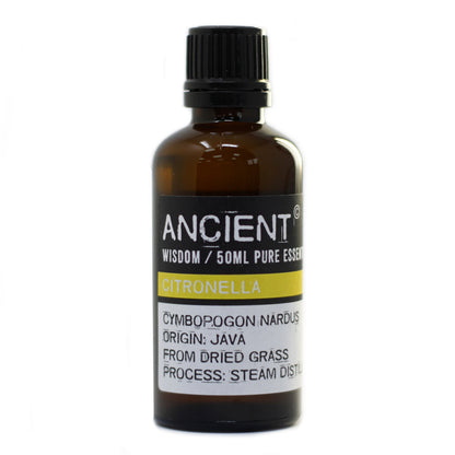 Bottle of Ancient Wisdom Citronella essential oil on a white background