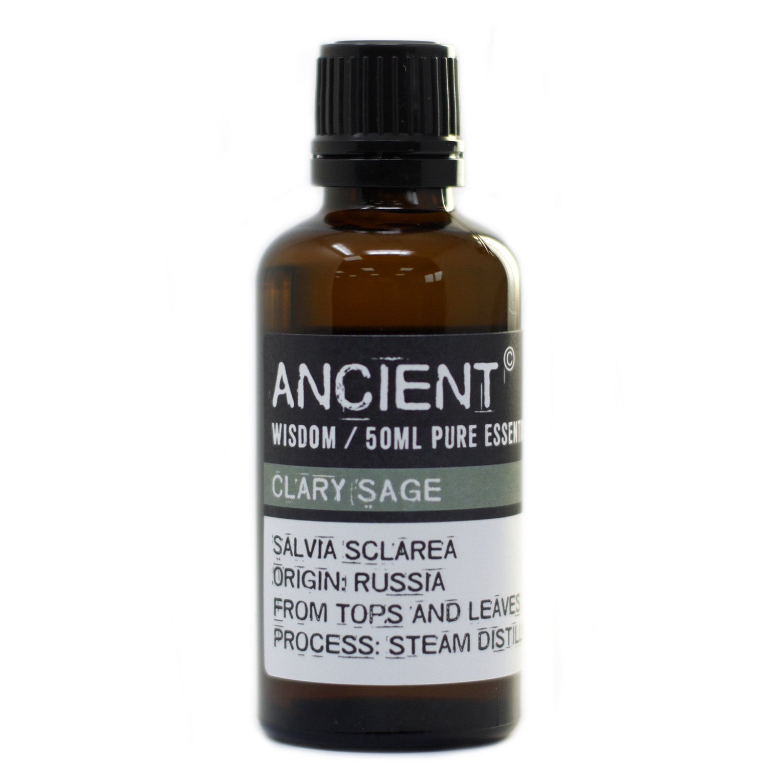 Bottle of clary sage essential oil with a black cap on a white background