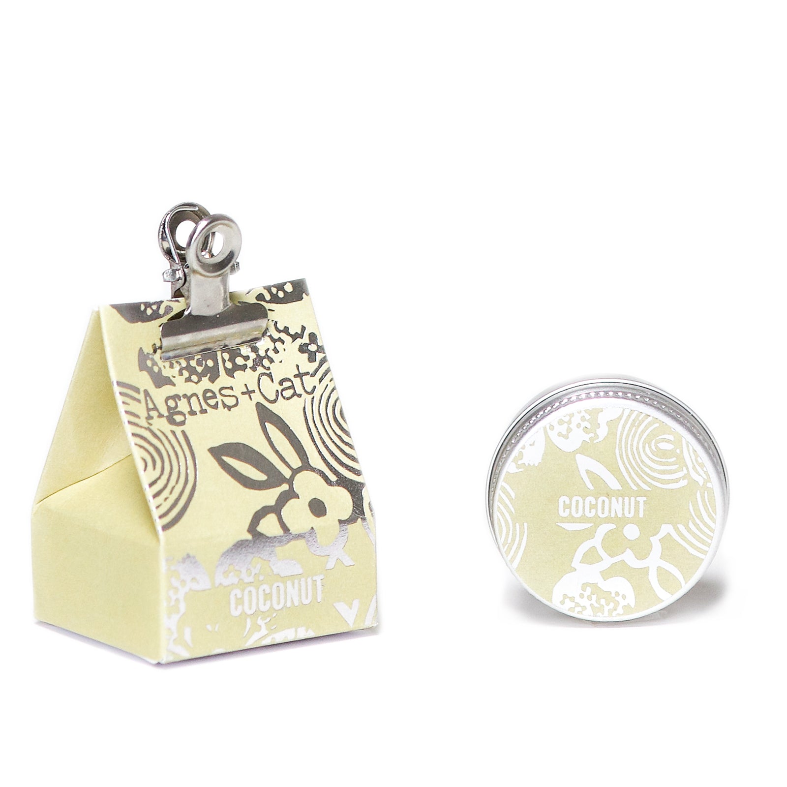 Agnes + Cat coconut Lip balm with packaging on a white background