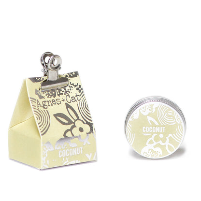 Agnes + Cat coconut Lip balm with packaging on a white background